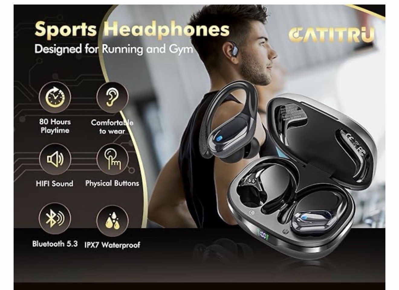 Catitru Wireless Sports Earbuds Sweat Proof Bluetooth Charging Case Open Box