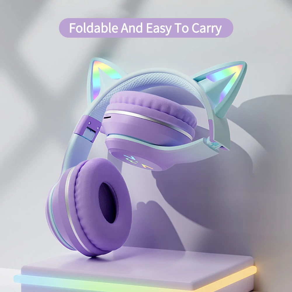 Cute Cat Ear RGB Shaded Wireless Headphones Bluetooth Earphones with