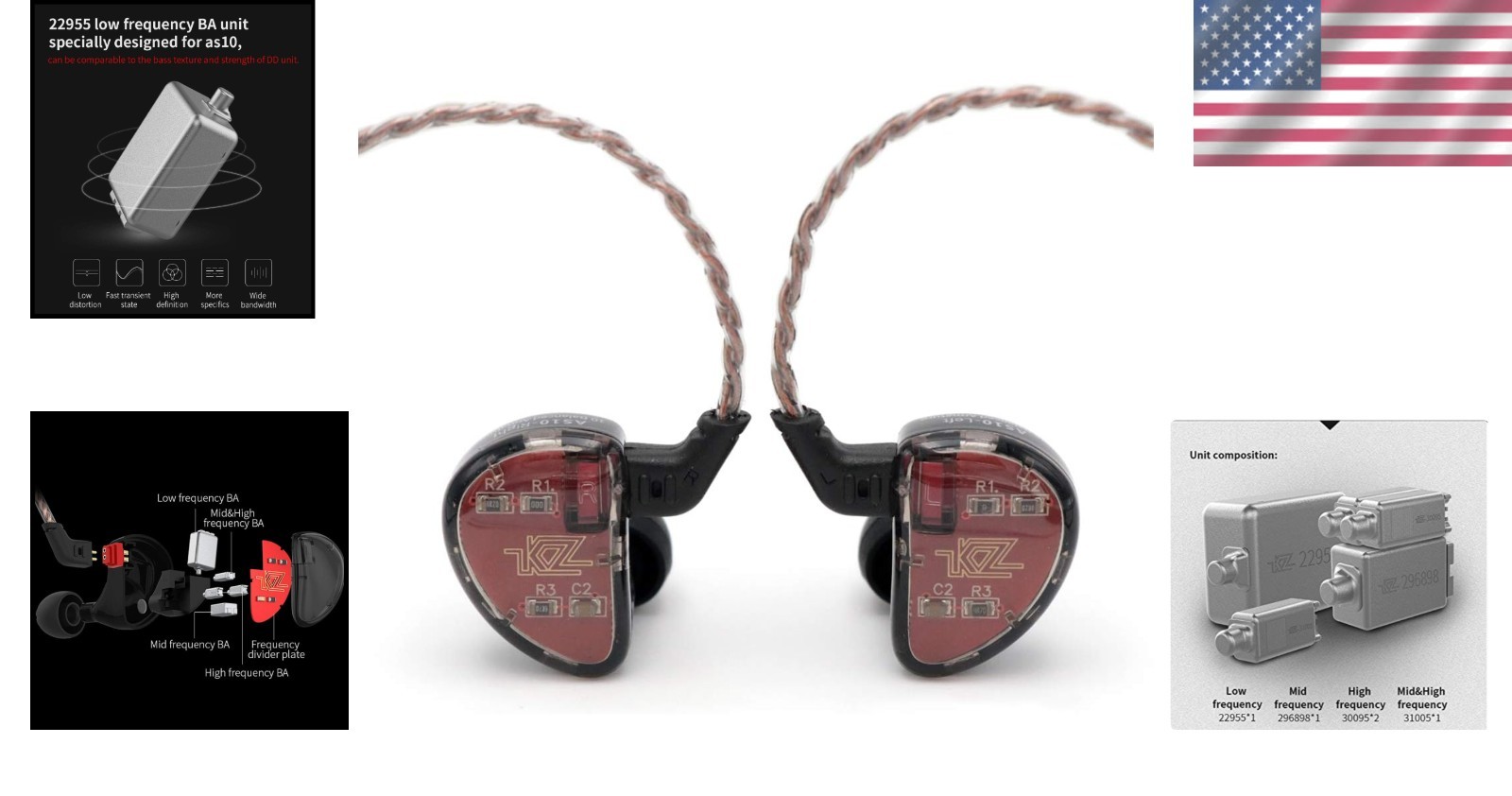 KZ AS10 Pro Earphones – 5BA HiFi Stereo, 20Hz-40kHz, Noise Cancelling, Black