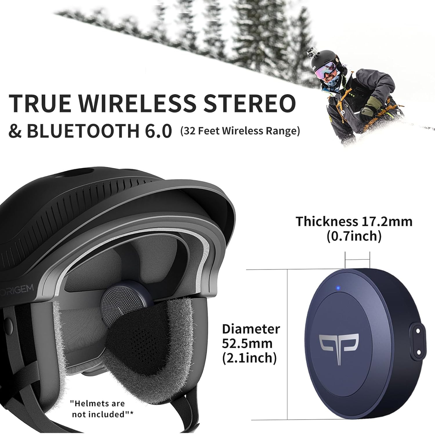 Origem Ski Helmet Speakers, True Wireless Stereo Snowboard Headphones with HDR A