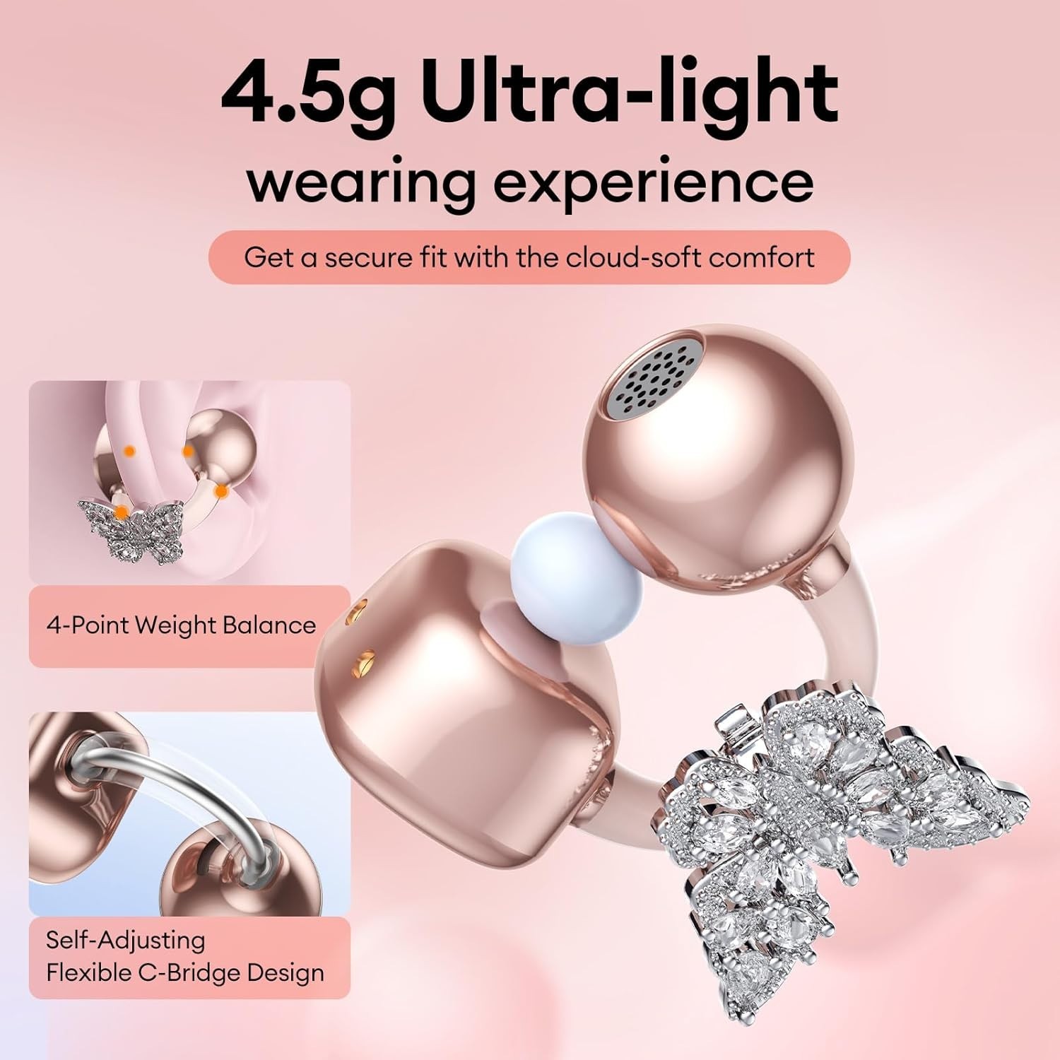 Bling Open Ear Clip On Earbuds with LED Display & Crystal Butterfly Earrings,…