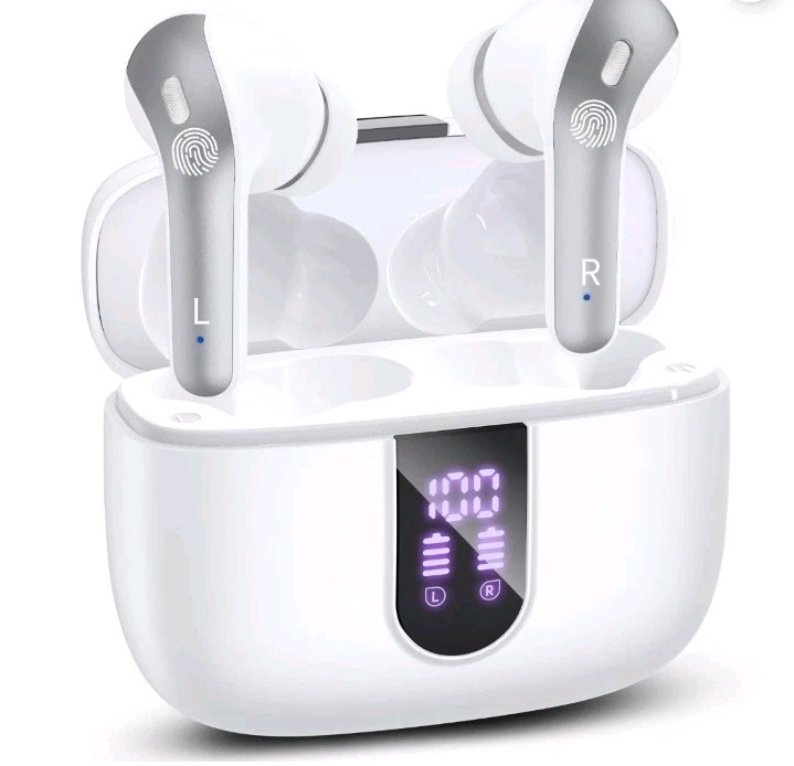 X8 Bluetooth 5.4 In-Ear Earbuds, Dual Display, Touch Control, White/Silver