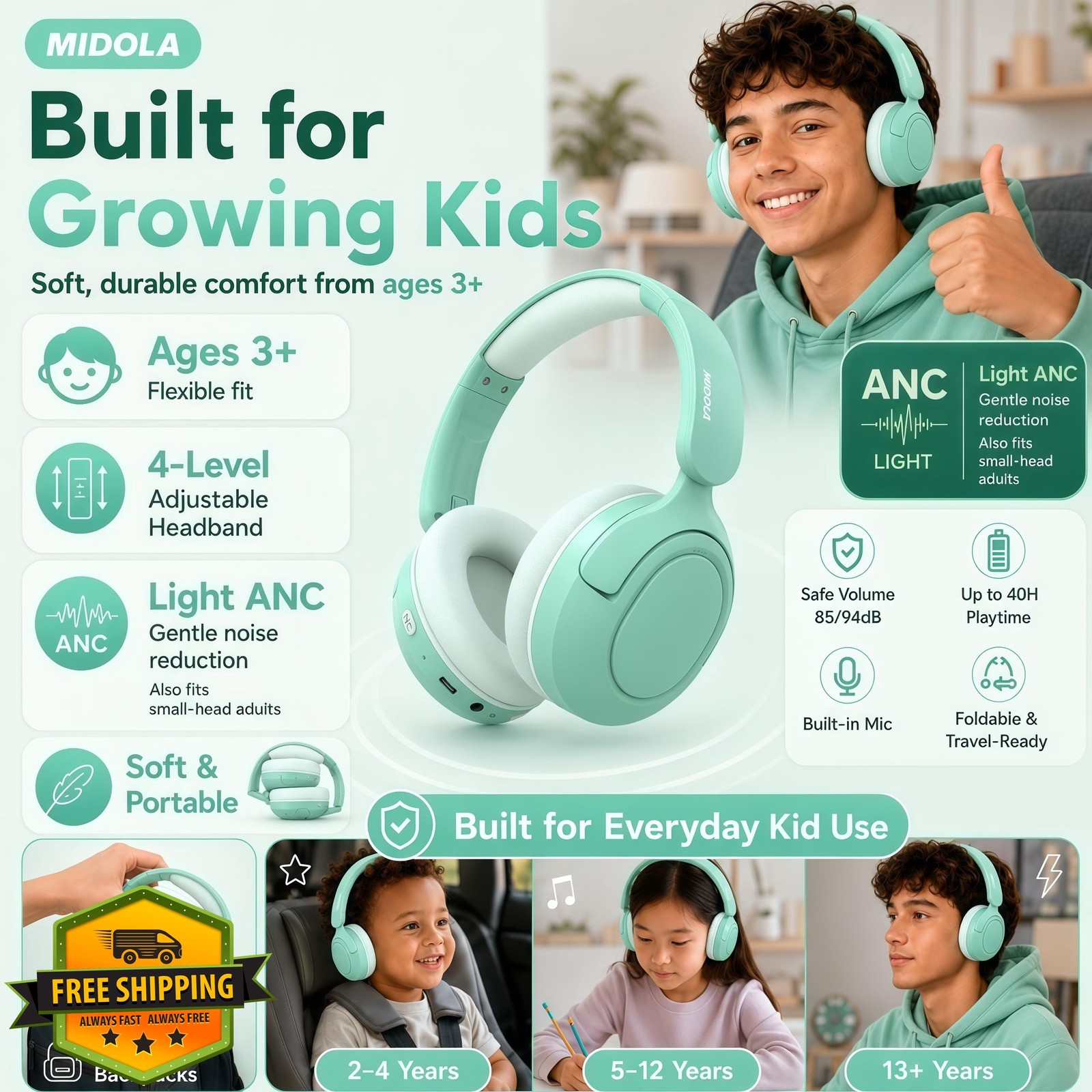 MIDOLA Kids Bluetooth Headphones Mint Green ANC Wireless