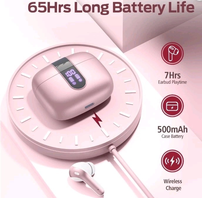 X8 Pink Bluetooth 5.4 Wireless Earbuds Touch Control Dual Display IP7