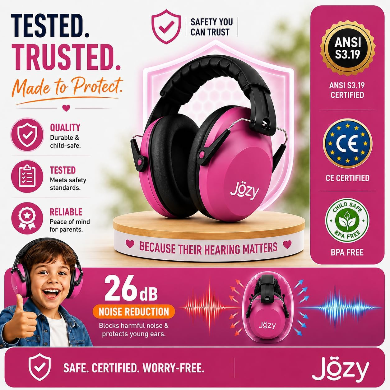 Jozy Noise Canceling Headphones for Kids, SNR 26Db Ear Protection for Autism, So