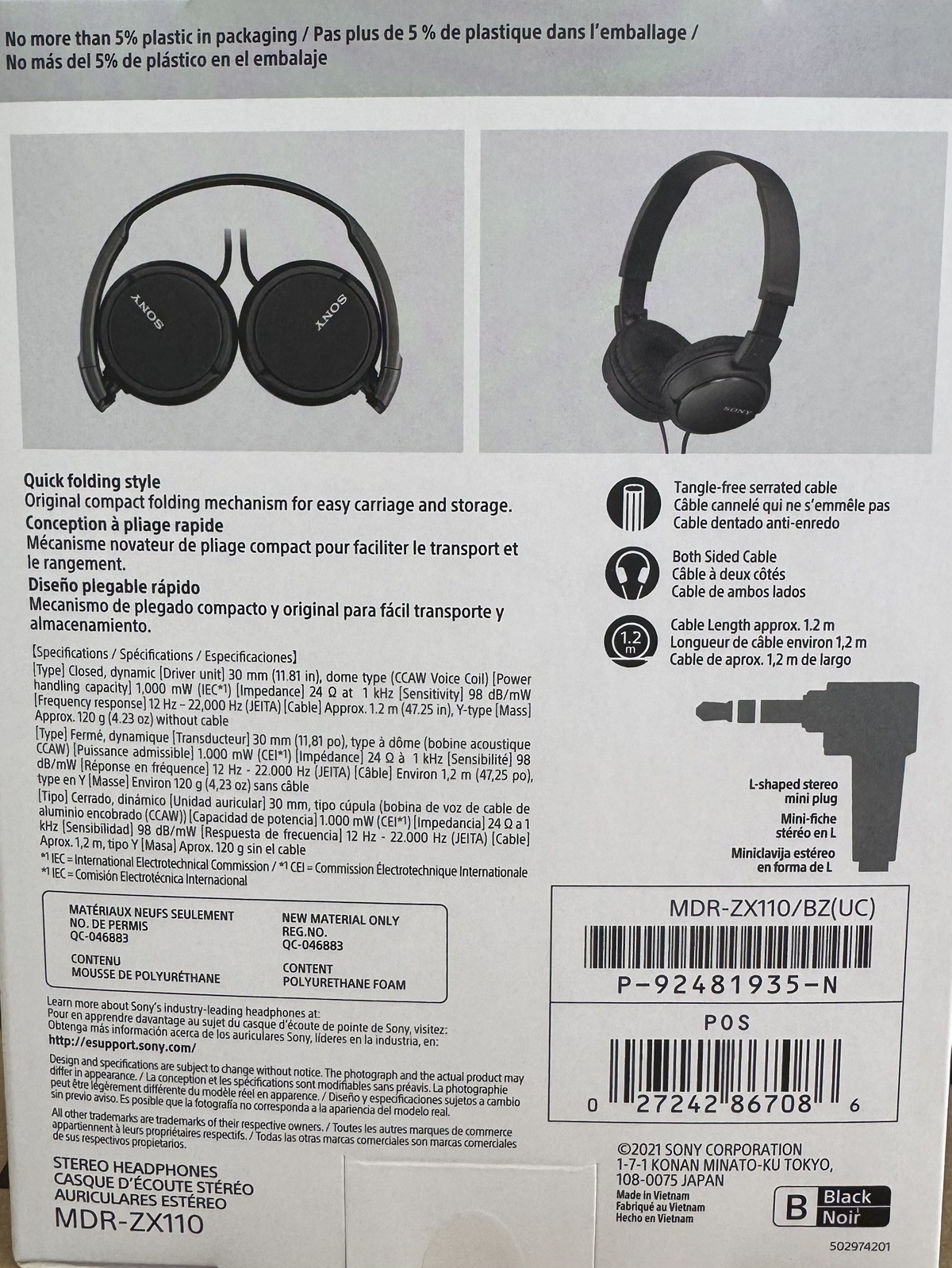 Sony MDRZX110/BZ Series Stereo Headphones, MDR-ZX110 Black MADE IN JAPAN