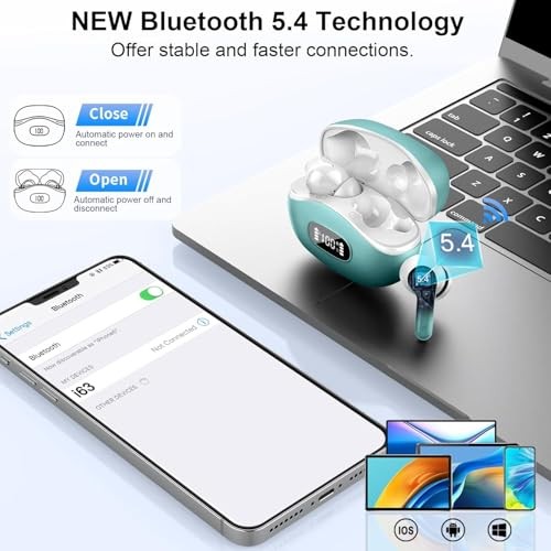 Wireless Earbuds, Bluetooth Headphones 5.4 HiFi Stereo, Ear Buds with 4 Cyan