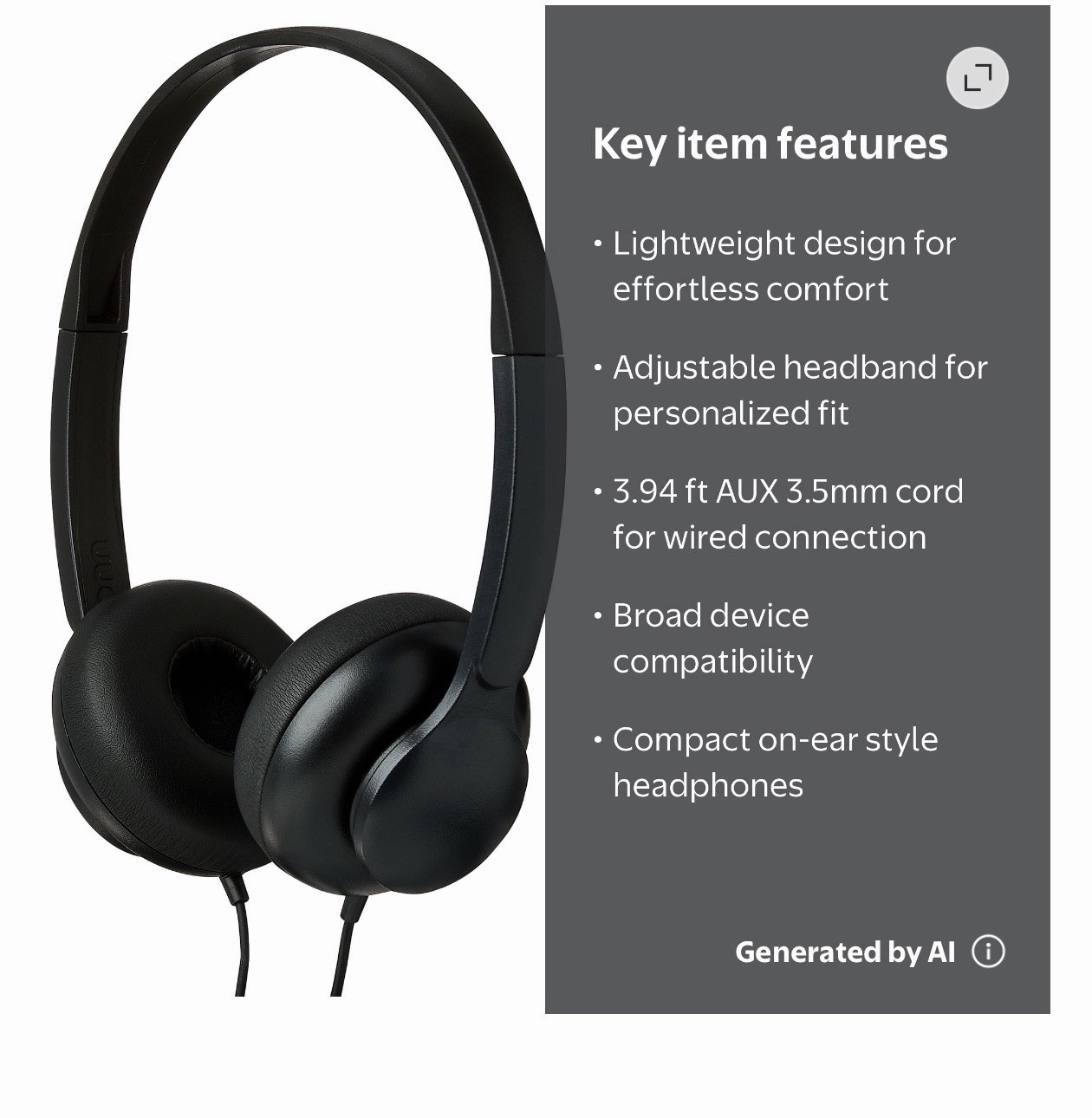 onn Groove Black Adjustable Headphones 3.5mm Jack 3.94ft New Sealed