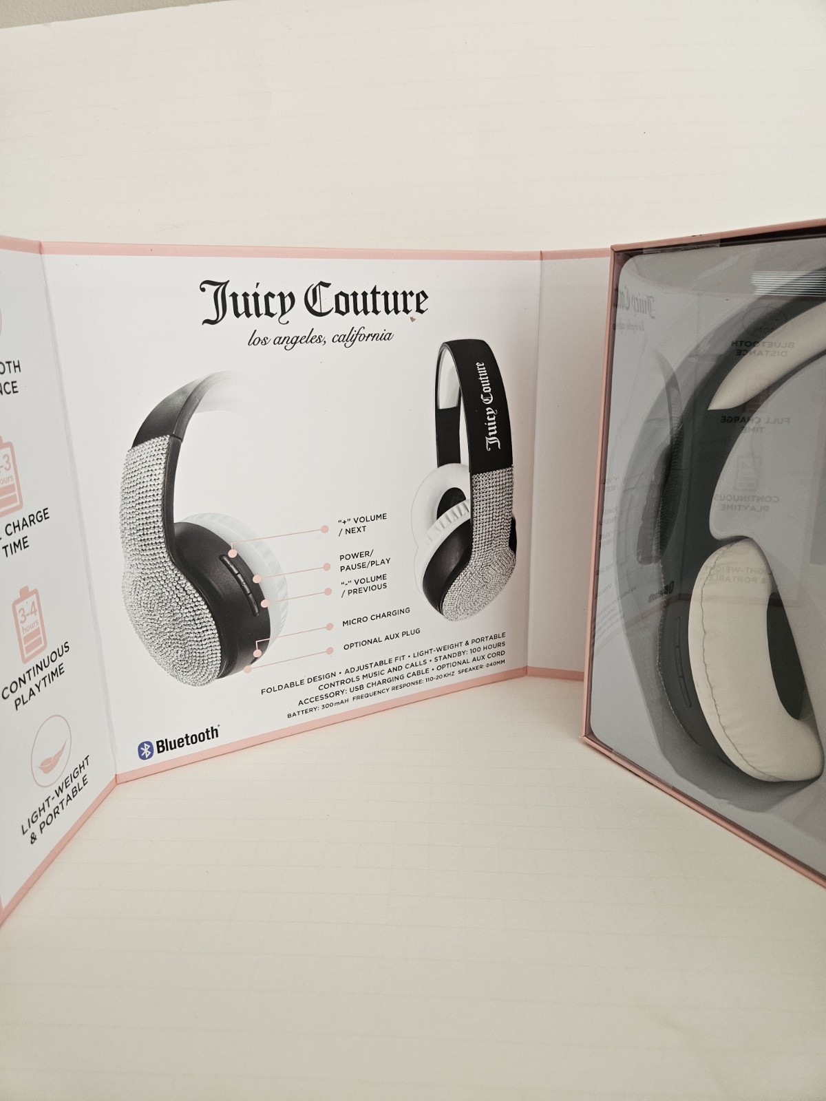 New Juicy Couture Wireless Headphones Rhinestone White Blck Bluetooth Electronic