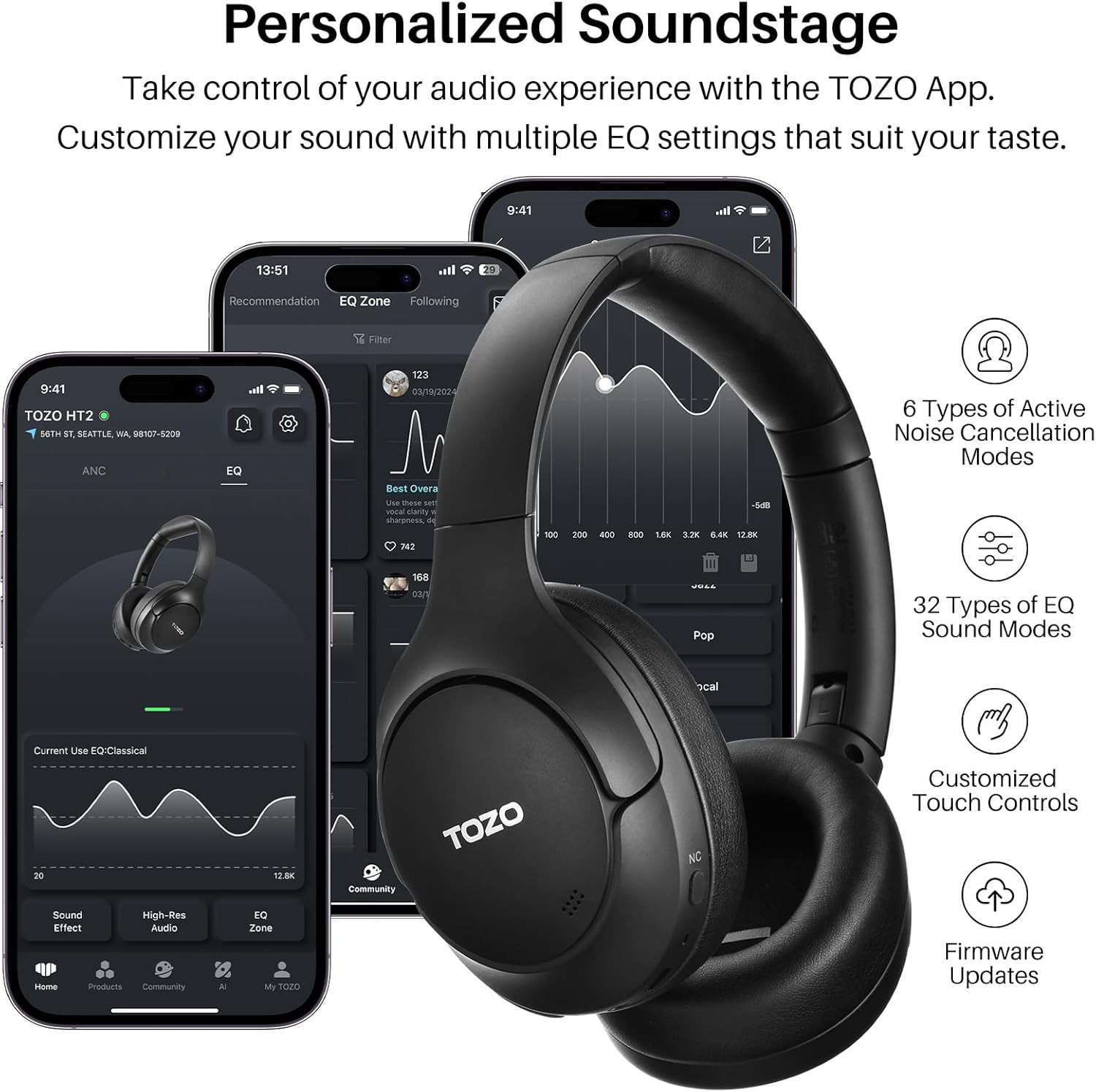 Hybrid Active Noise Cancelling Headphones, Wireless over Ear Bluetooth Headset,