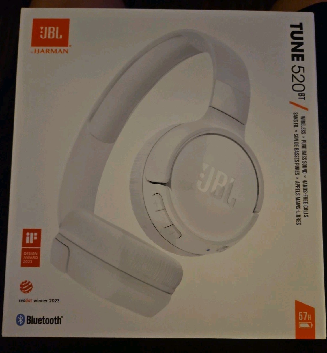 JBL Tune 520BT Pure Bass Wireless Bluetooth Headphones (White)