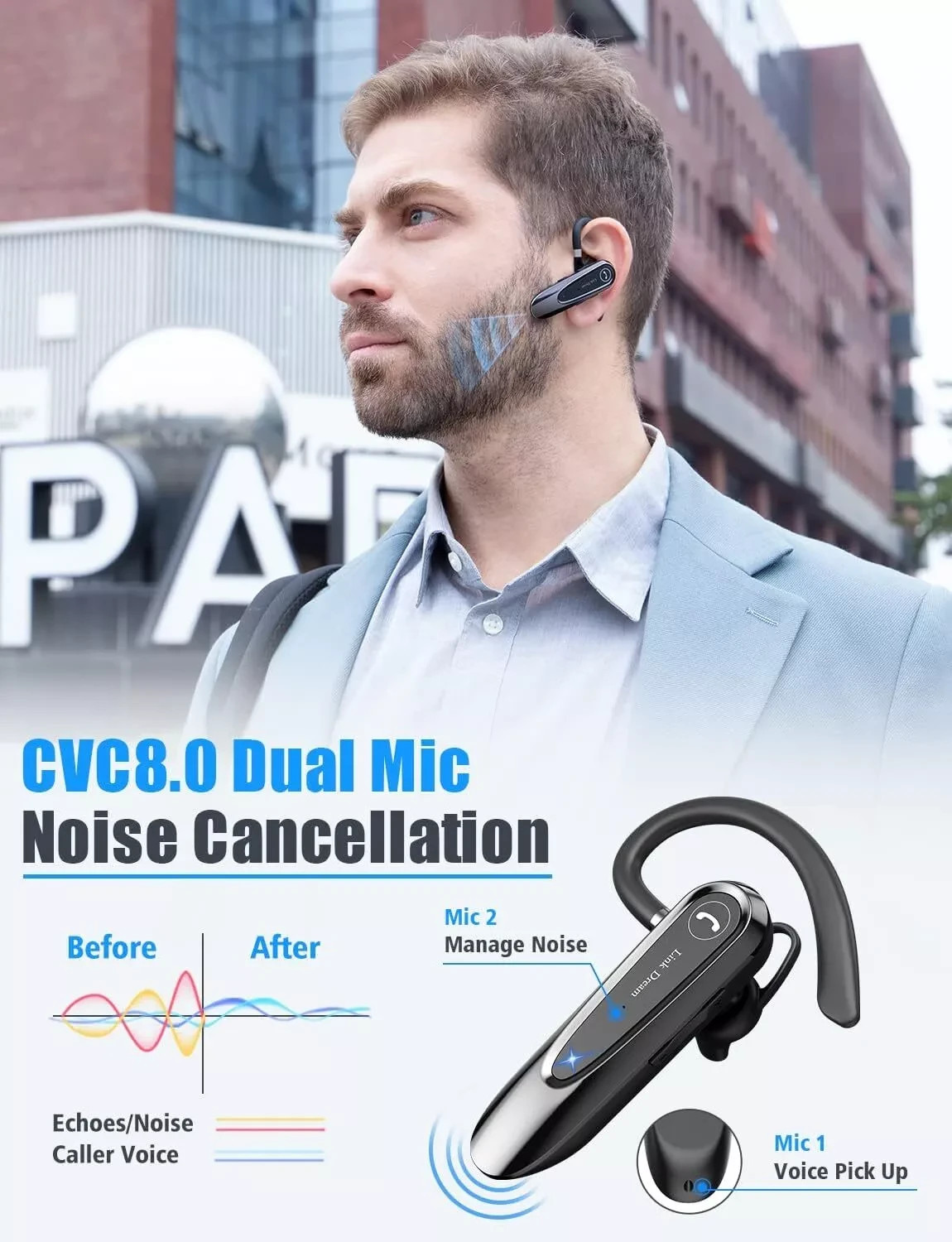 Link Dream Bluetooth Earpiece Wireless CVC8.0 Headset for Cell Phone Dual Mic