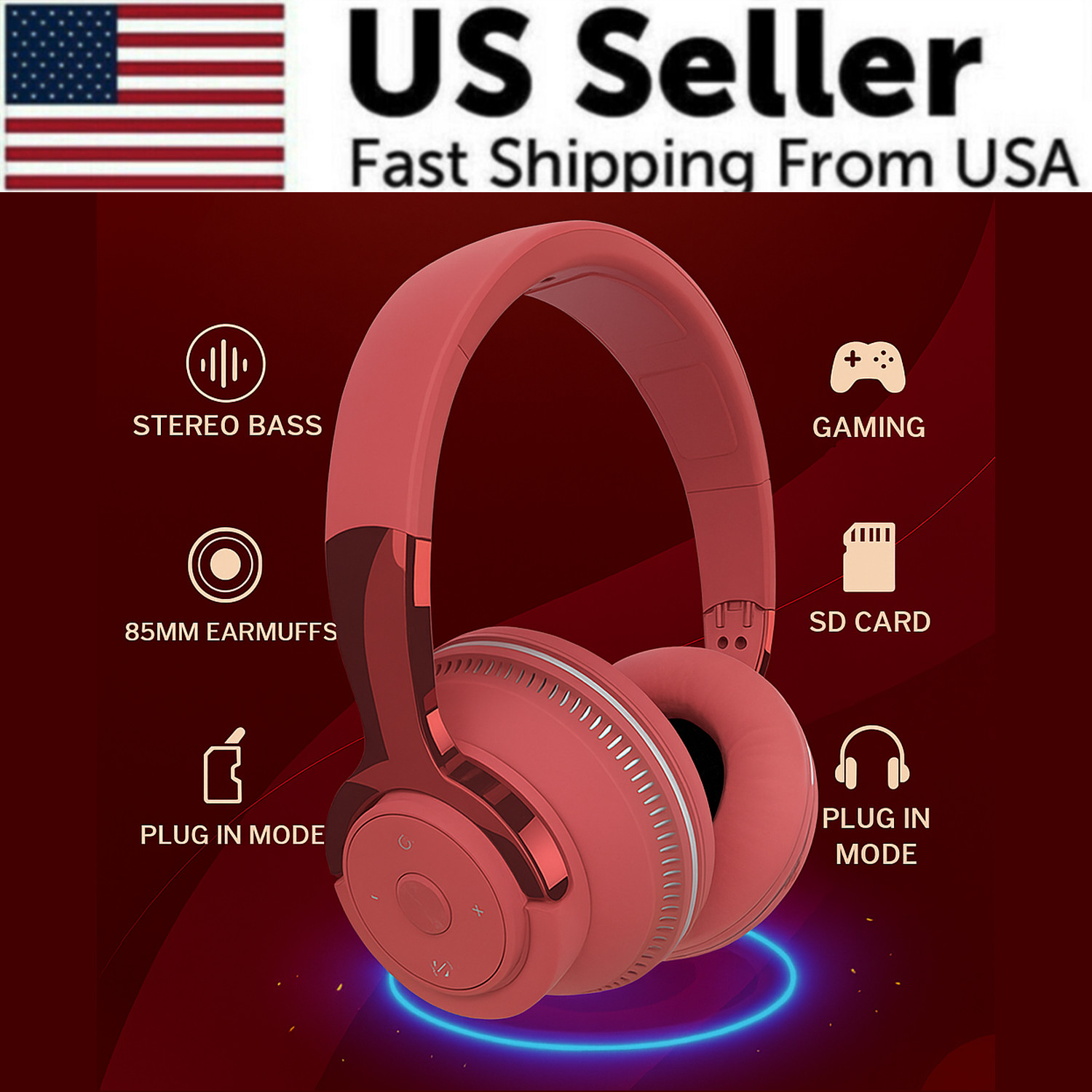 Wireless Bluetooth 5.1 Headphones Over Ear LED Headset Stereo Noise Cancelling