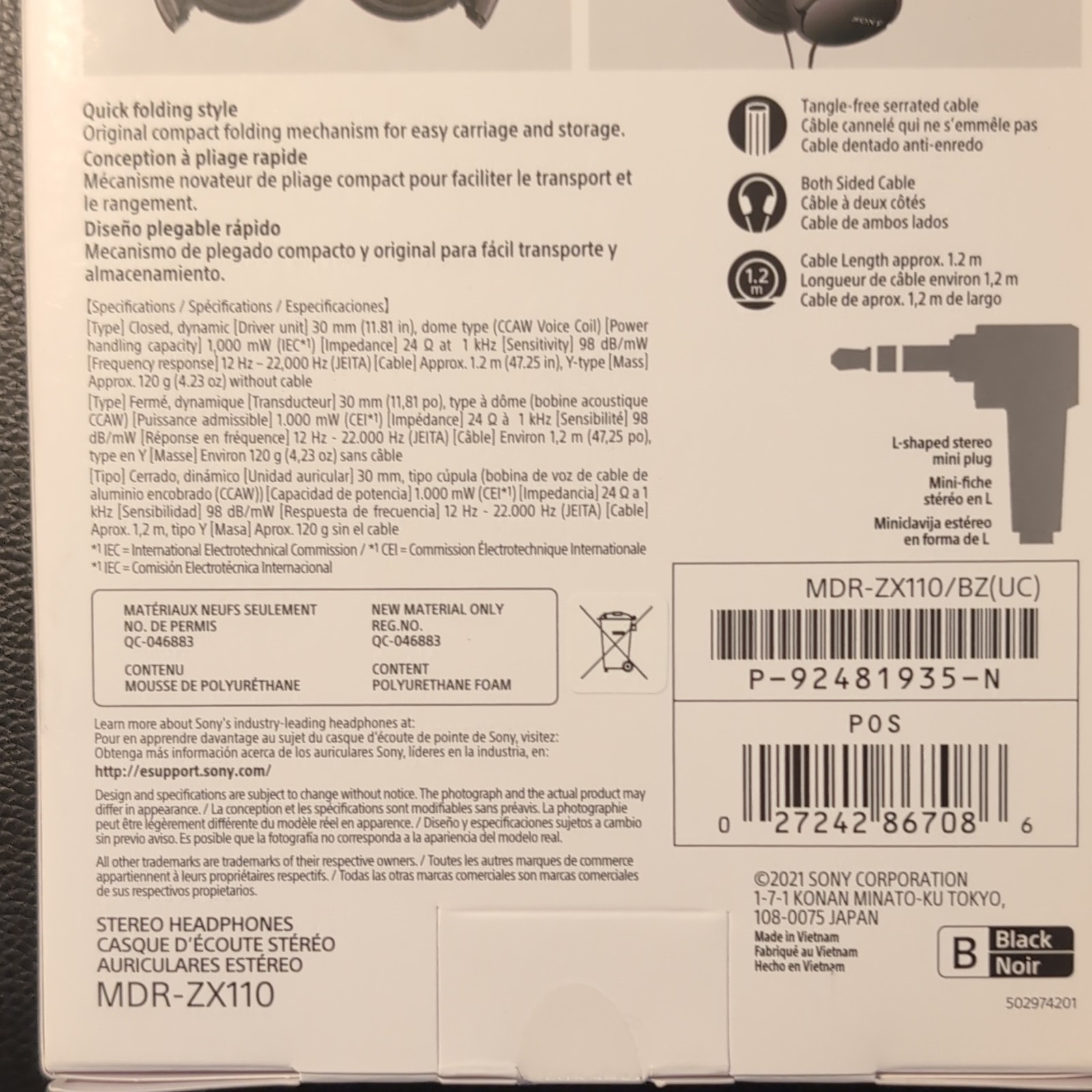 Sony MDR-ZX110 Black Wired Headphones 30mm Folding Adjustable 1.2m 3.5mm