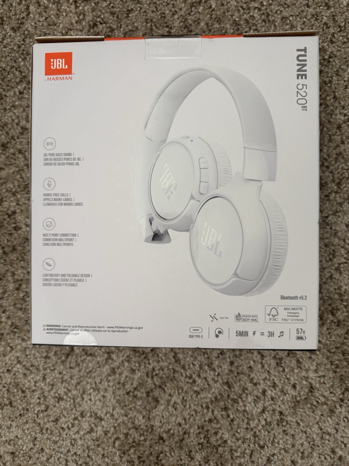 JBL Tune 520BT Wireless On-Ear Headphones White Pure Bass Sound Voice Aware
