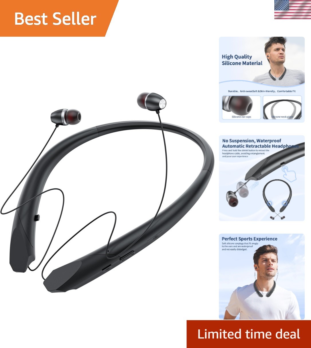 Neckband Bluetooth Headphones Retractable, Wireless Headset with BLACK