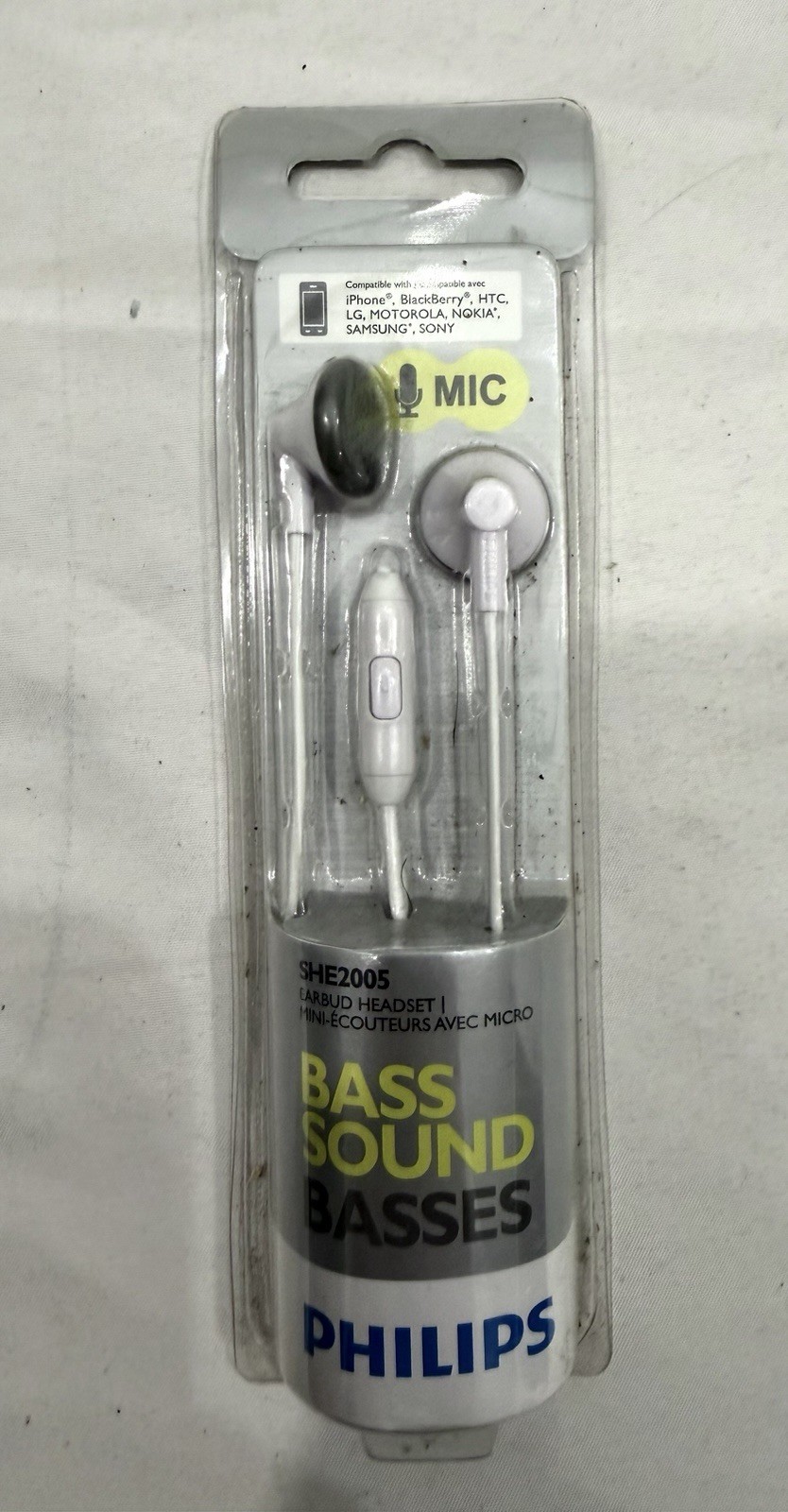 Philips Bass Sound SHE2005 Earbud Headset w/ Mic, White