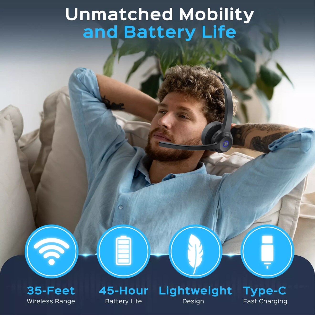 TREBLAB C7 – Single Ear Bluetooth Headset with Mic, 45H Playtime