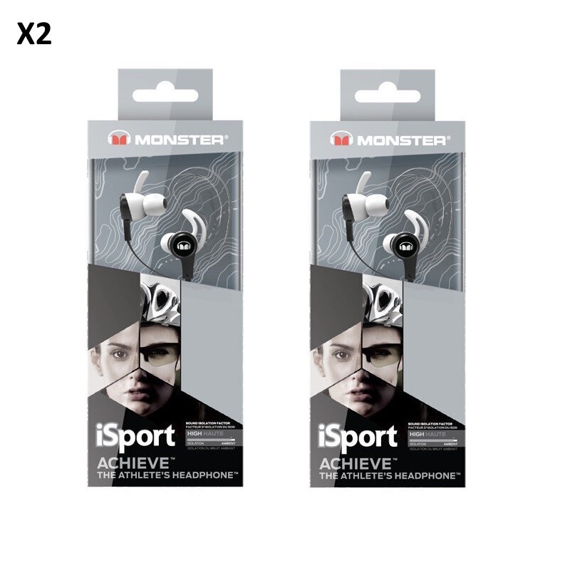 X2 Monster iSport Achieve Wired 3.5mm In Ear Sport Headphones In Ear Black White