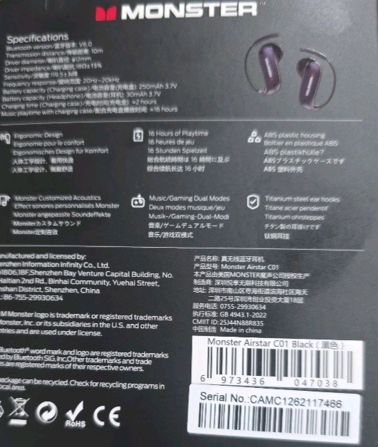 Monster Airstar C01 In-Ear Earbuds Bluetooth Wireless Built-In Mic Black