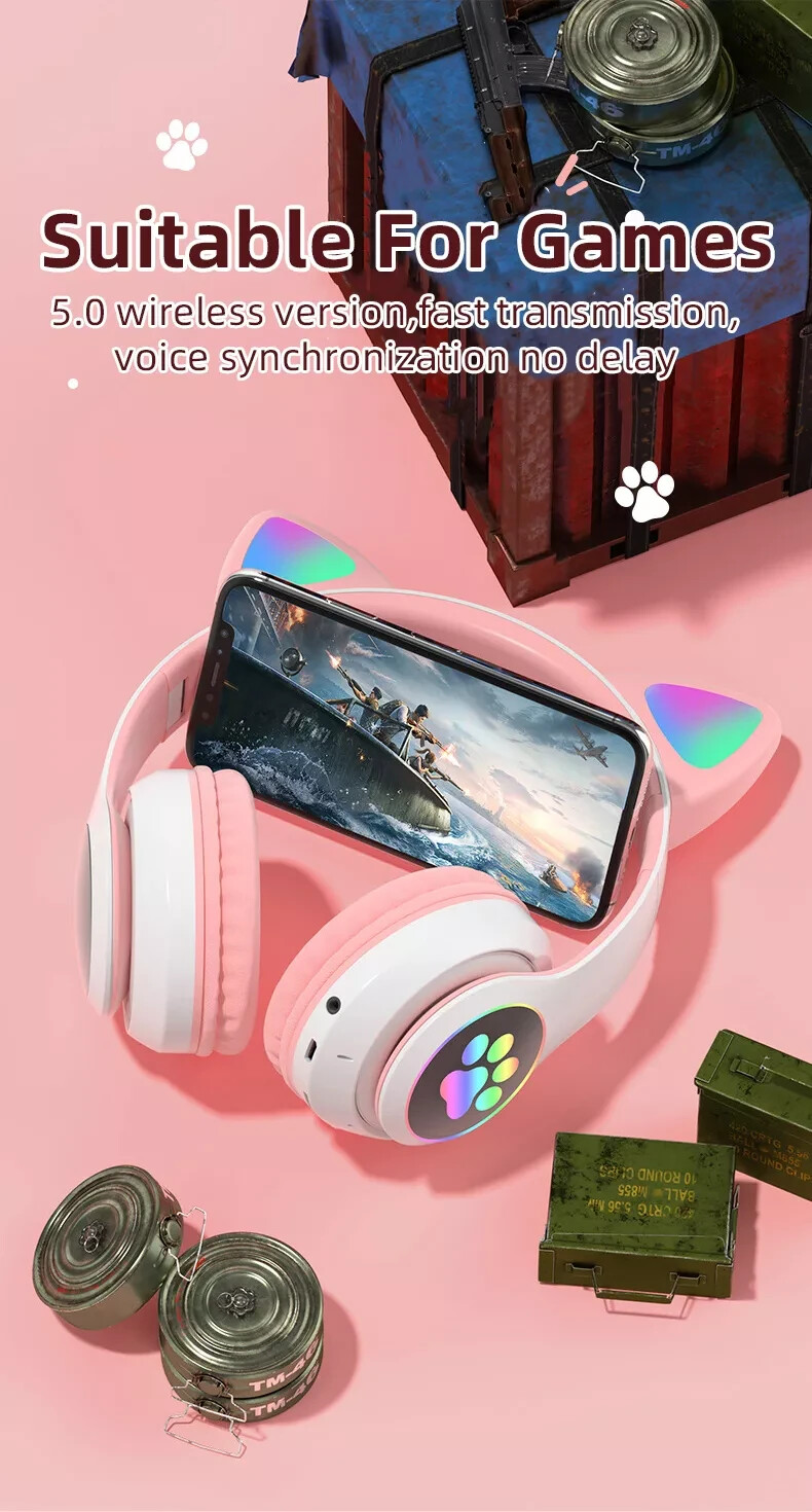 AKS-28 Wireless Over-Ear Headset with Cute Pink Cat Ear Design -Great for Girls