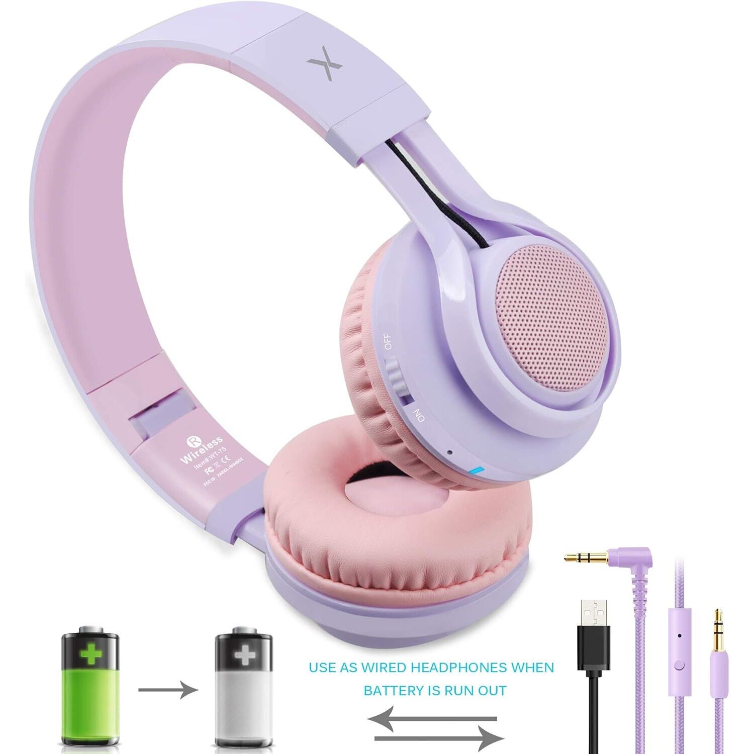Riwbox WT-7S Kids Bluetooth Wireless Headset – Pairs to Phone, Tablet – Purple