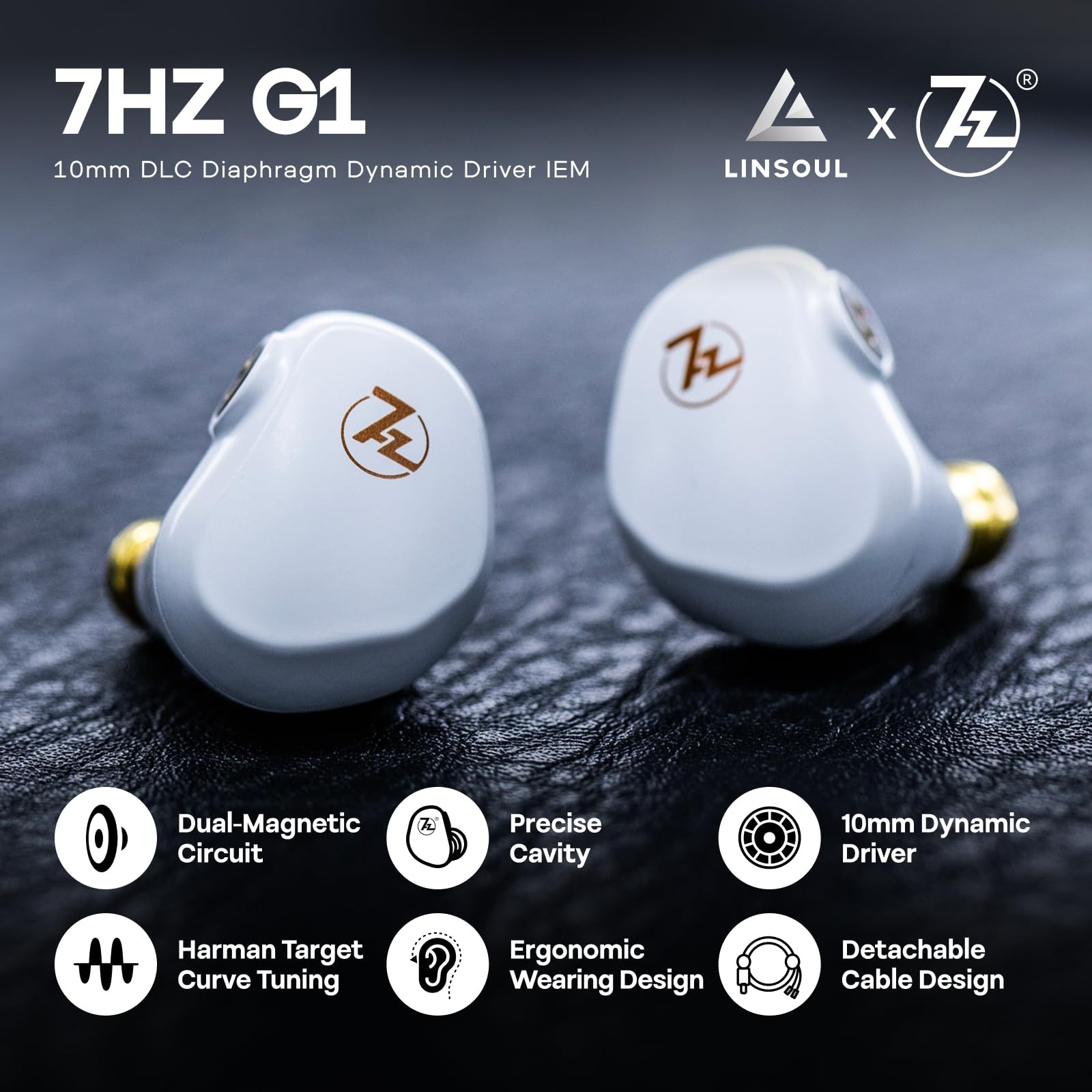 Linsoul 7HZ G1 in-Ear Monitor, 10mm DLC Diaphragm Dynamic Driver IEM White