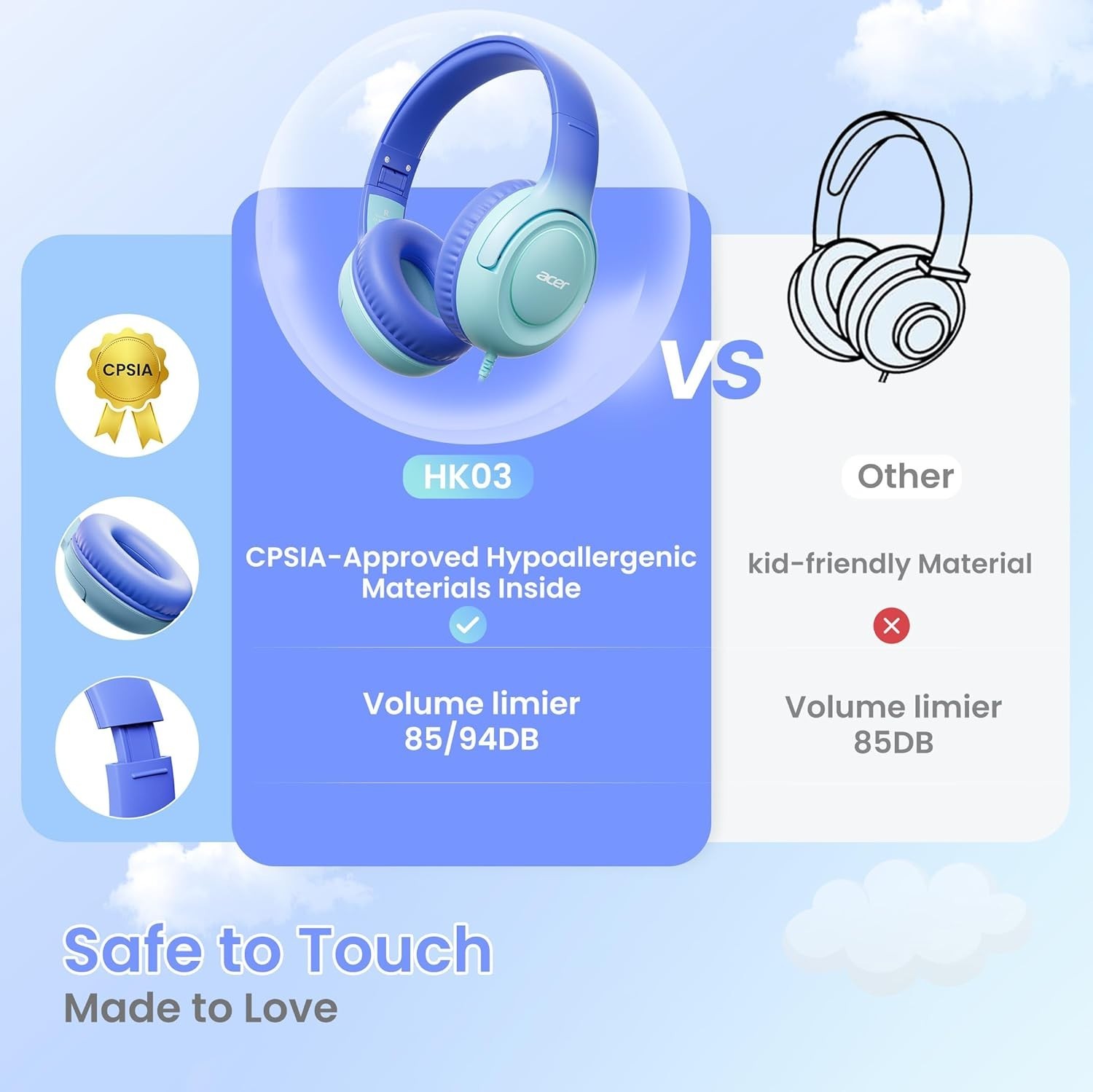 Acer Kids Headphones – 85/94dB Volume Limiter, Foldable Wired Over Ear Headphone