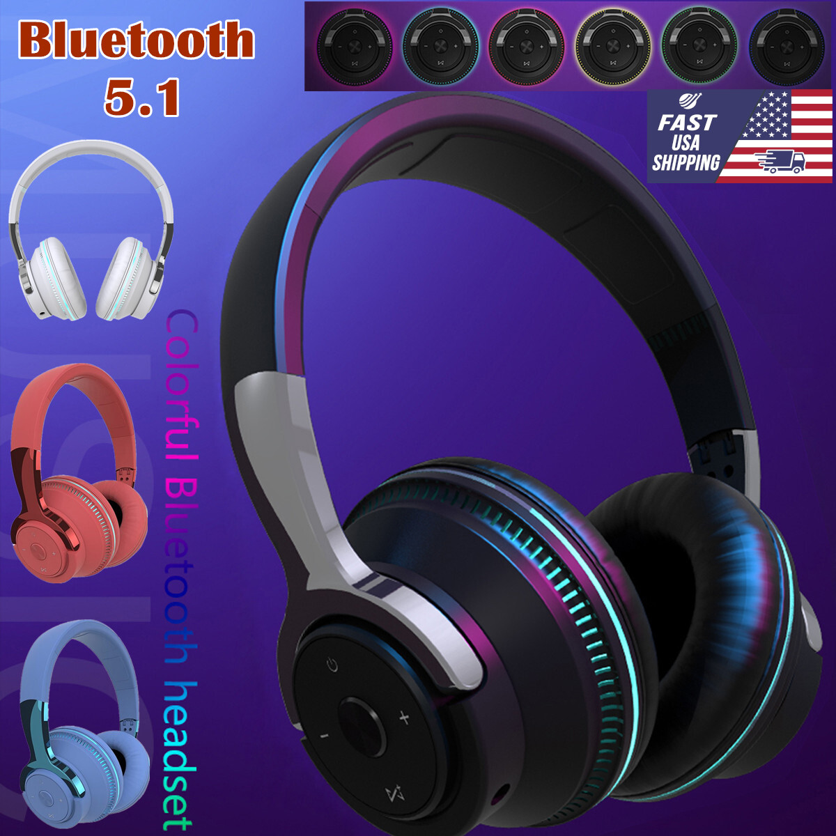 Wireless Bluetooth 5.1 Headphones Over Ear Stereo Bass Noise Cancelling Headset