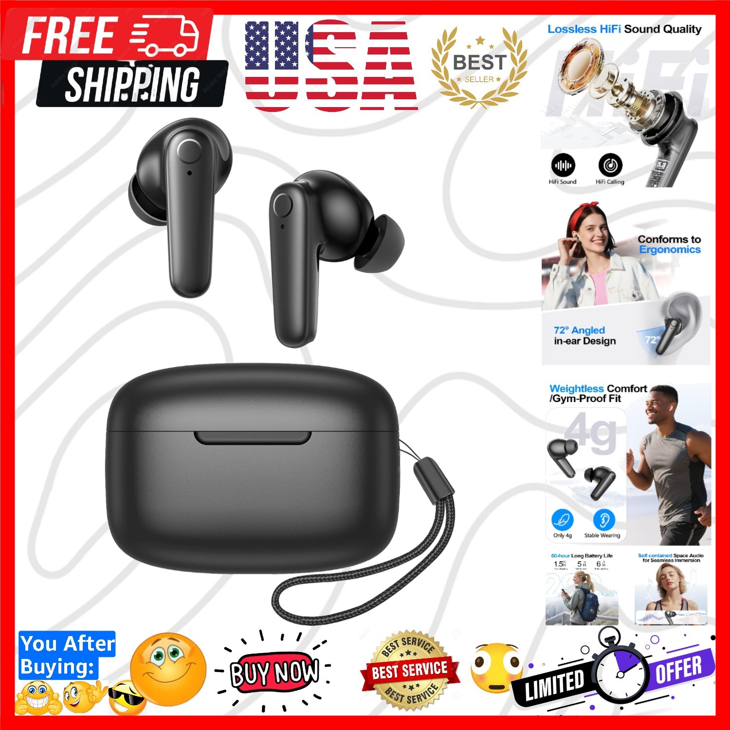 Wireless Ear Buds Bluetooth 5.4 Headphones 60H Playtime Deep Bass Stereo Earb…