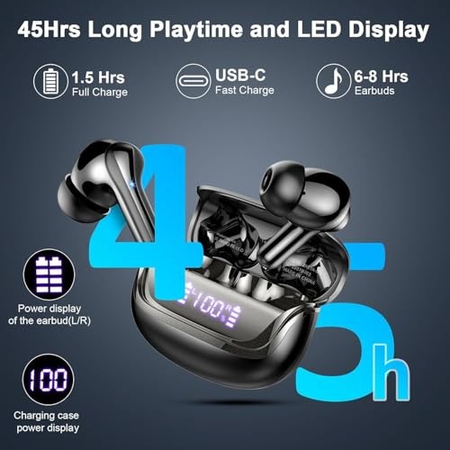Wireless Earbuds, Bluetooth 5.4 Headphones with ENC Noise Canceling Dark Black