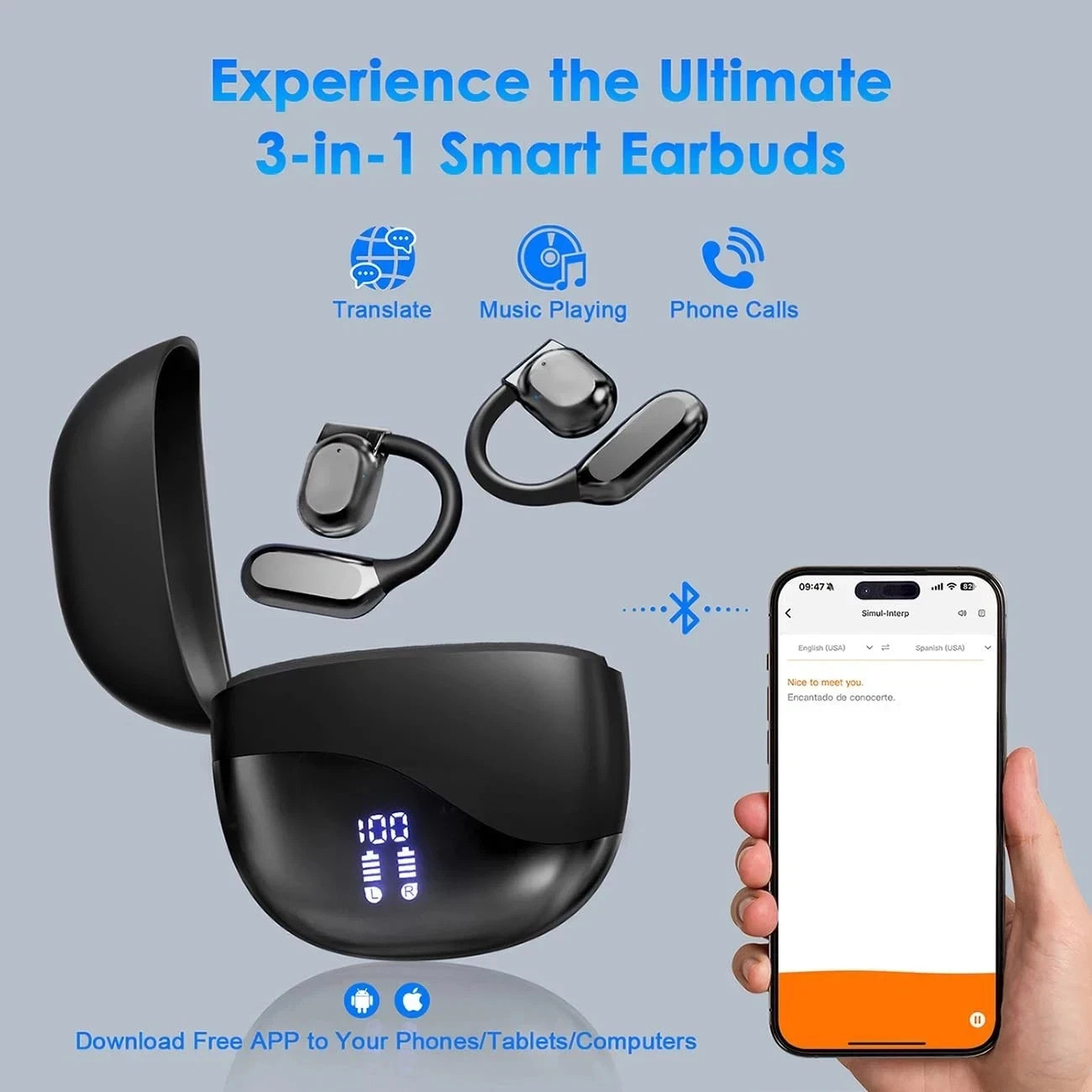 AI Translation Earbuds Real Time 164 Languages 90H Playtime Translator Ear Buds