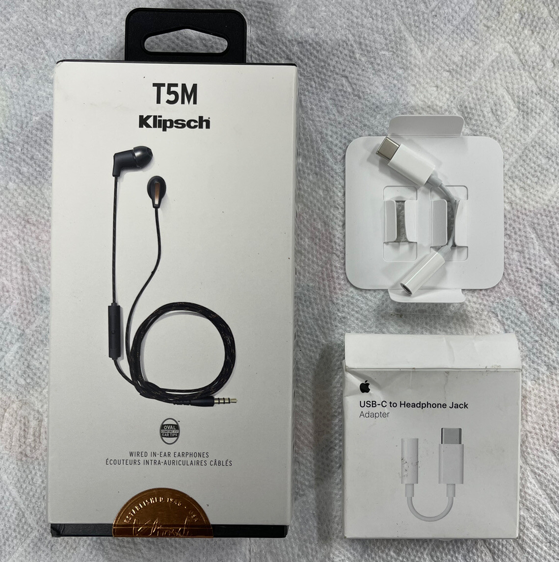 Klipsch T5M Wired In-ear headphones remote/mic (Black) + Apple Type C Adapter