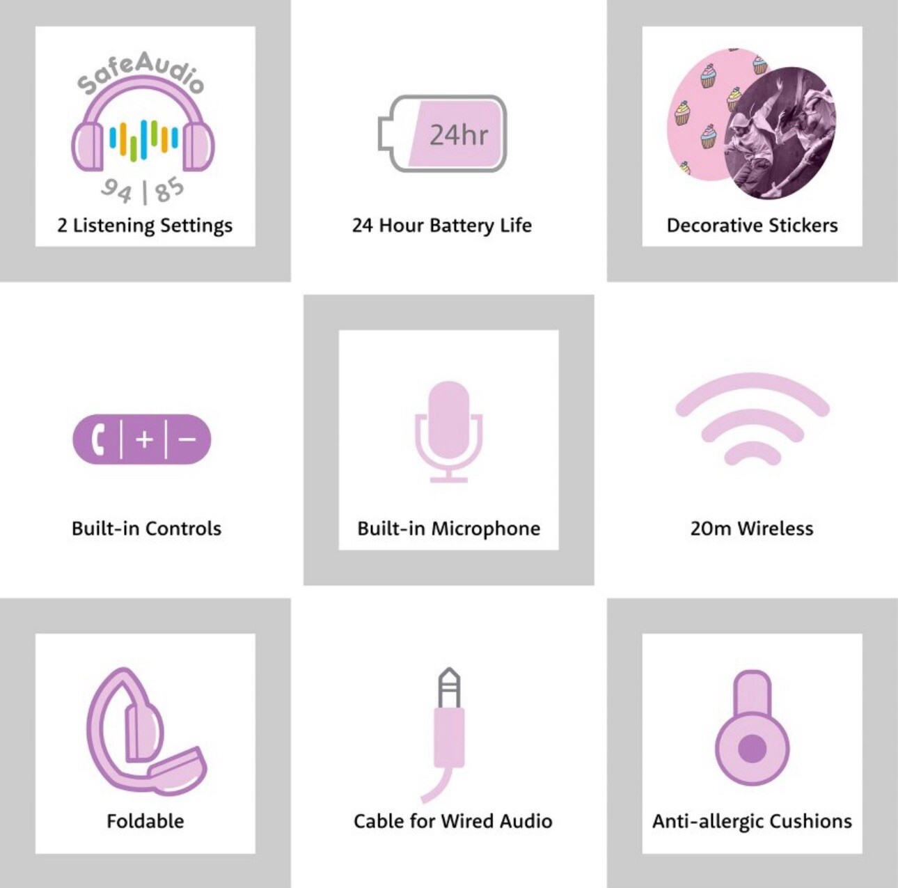 BuddyPhones POP Fun Foldable Bluetooth Wireless Kids Headphones + Mic – Pink