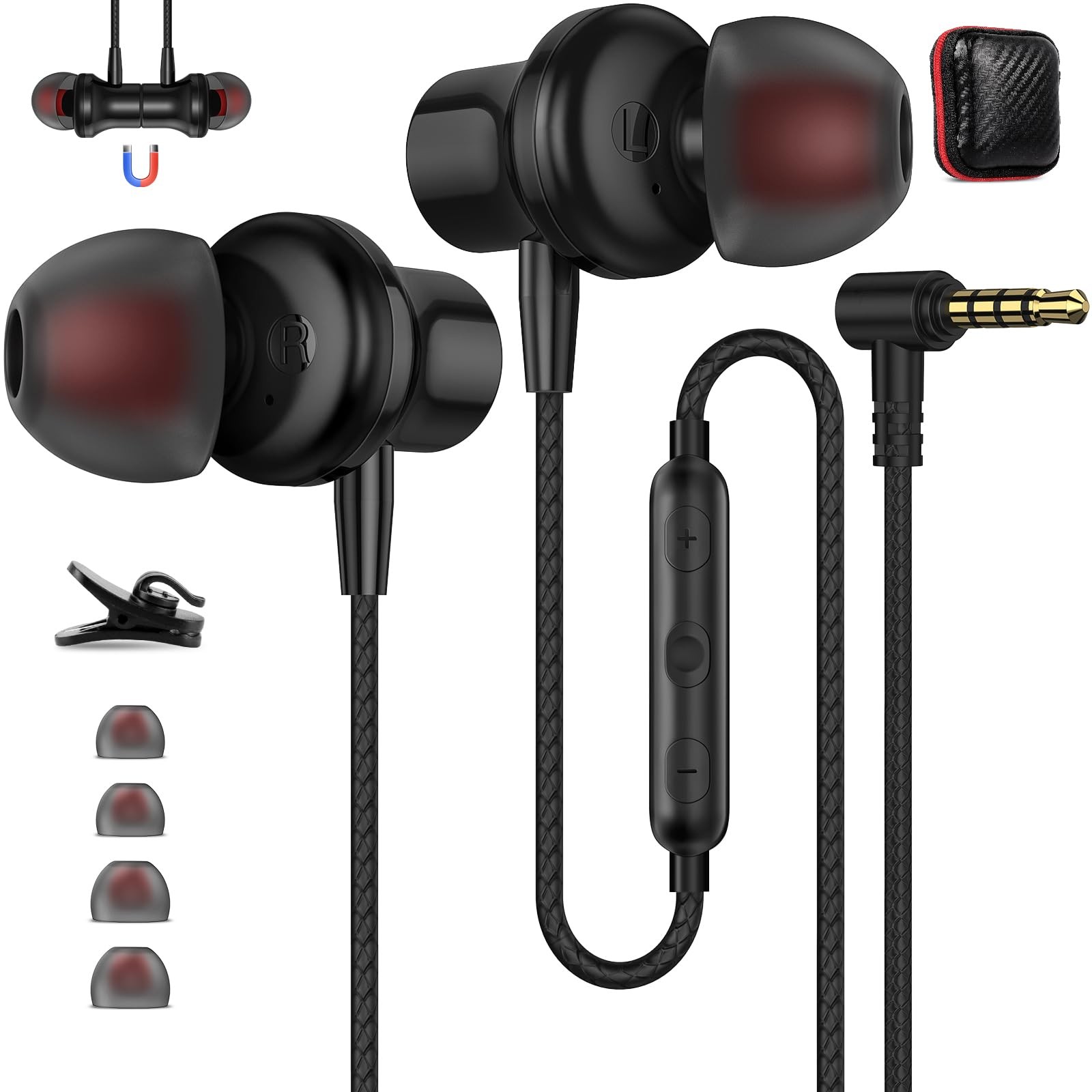 ASKUBSKU 3.5mm Headphones 5.9 ft Long Cord Wired Earbuds with Black