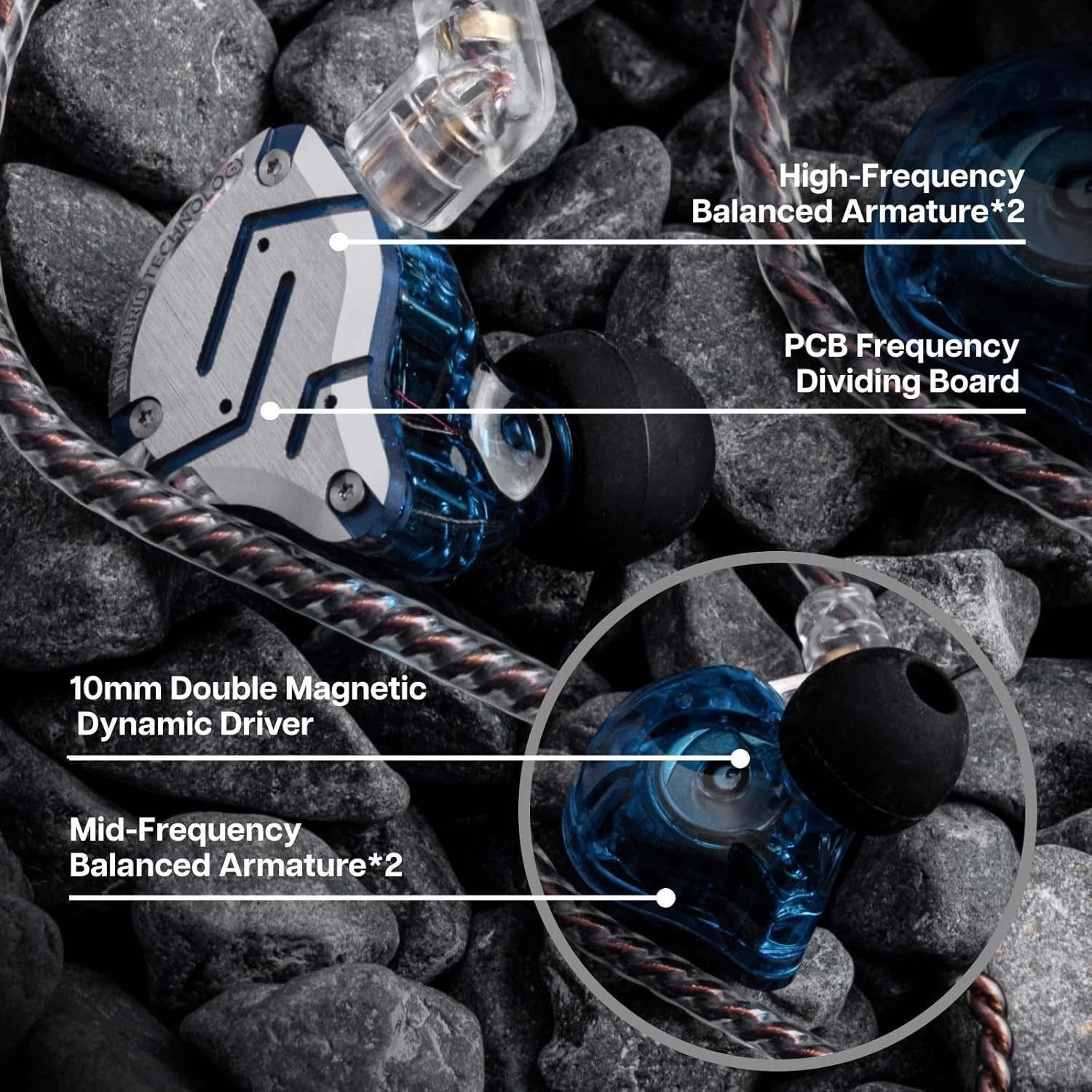 KZ ZS10 Pro HiFi IEMs 4BA+1DD Hybrid Earbuds Stainless Steel Glare Blue