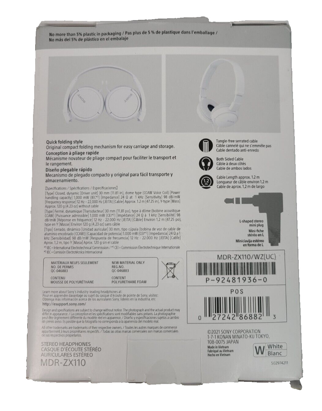 Sony MDR-ZX110 Ear-Pad (On the Ear) Headband Headphones – White