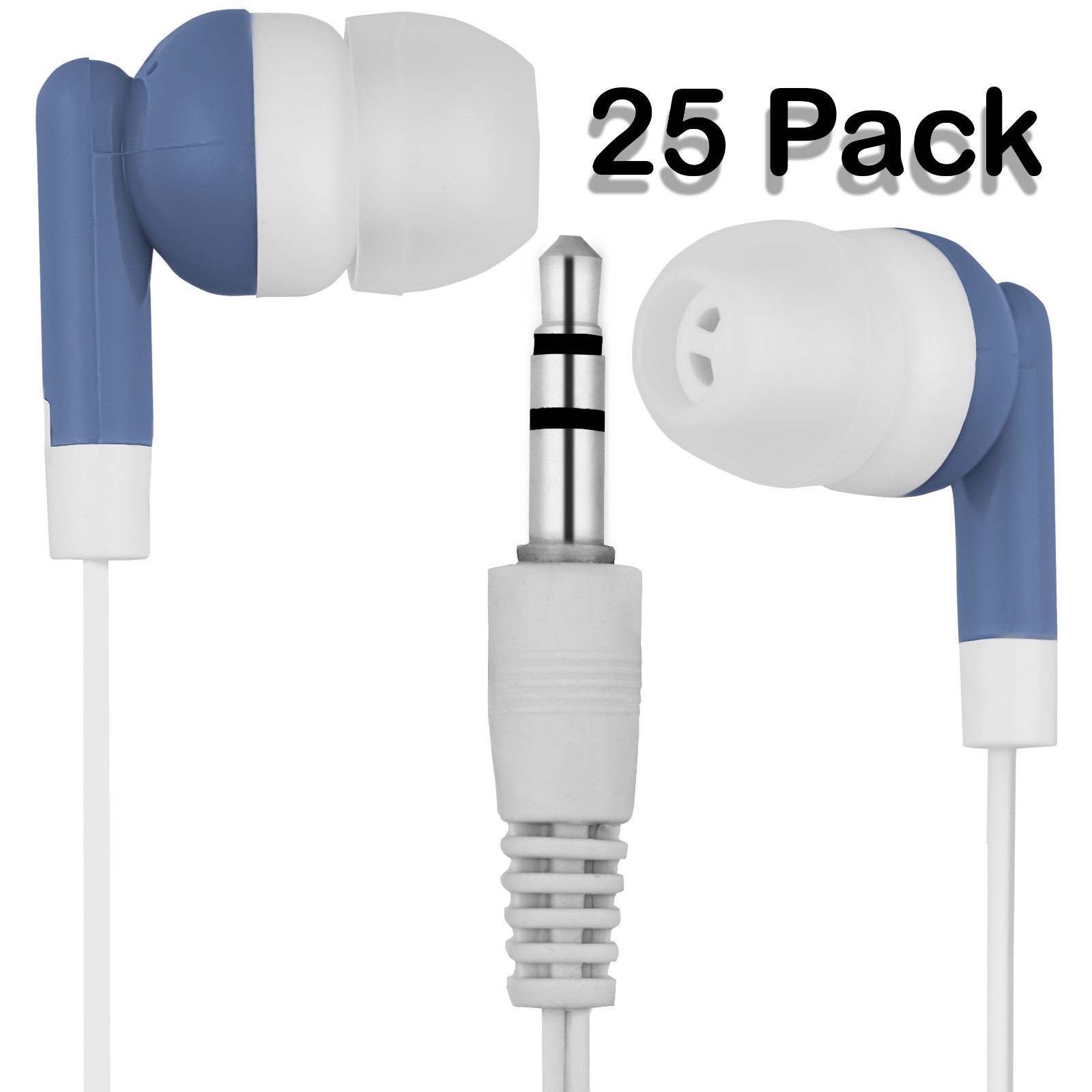 25 Bulk Lot Pack Blue/White – 3.5mm In-Ear Earbuds – Individually Bagged