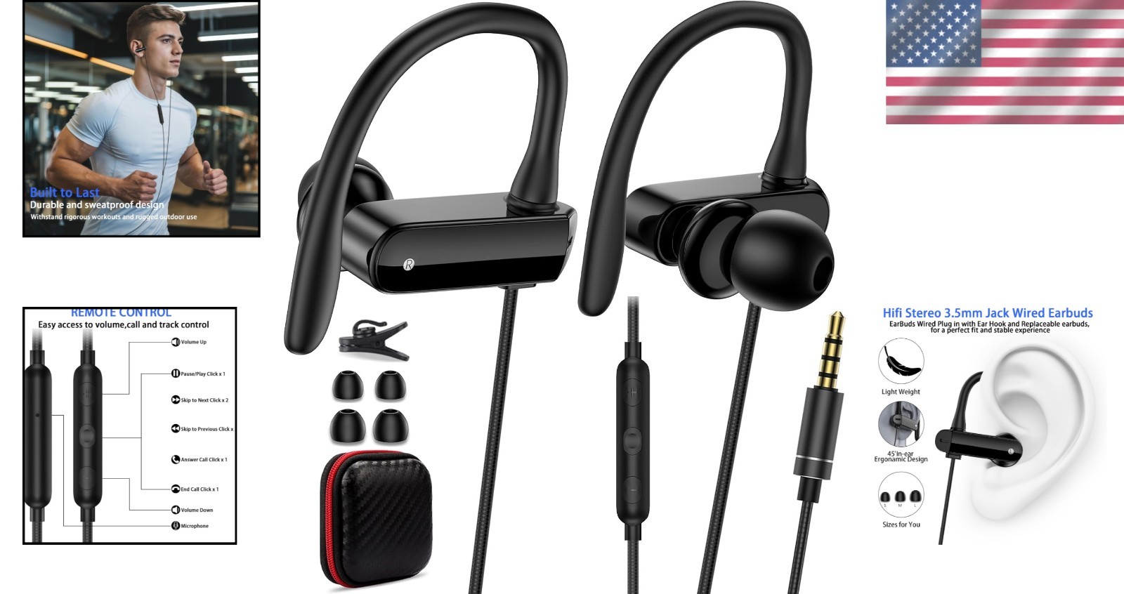 Tangle-Free Wired Earbuds with Secure Ear Hooks & Volume Control for Fitness