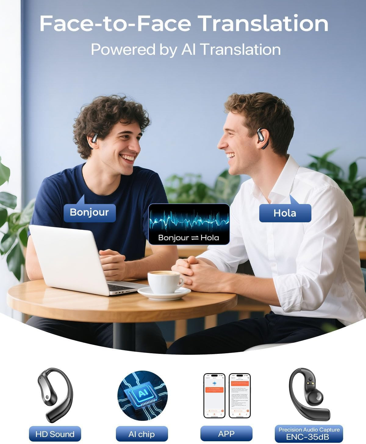 AI Translation Earbuds Real Time, 3-In-1 Bluetooth 5.4 OWS Translator Earbuds