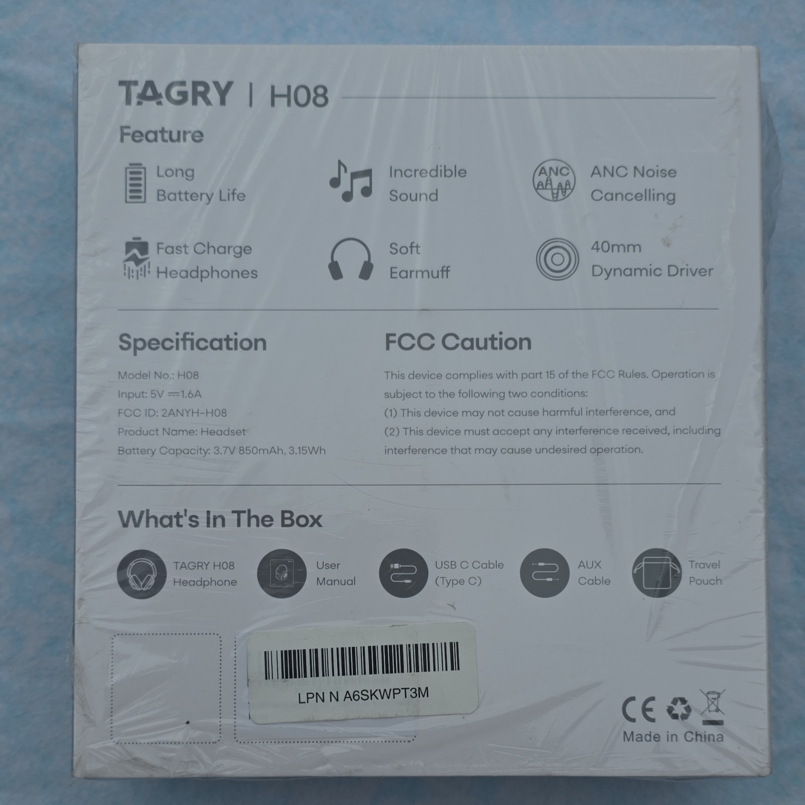 TAGRY H08 Noise Cancelling Headphones, 40mm Driver, Fast Charge, White