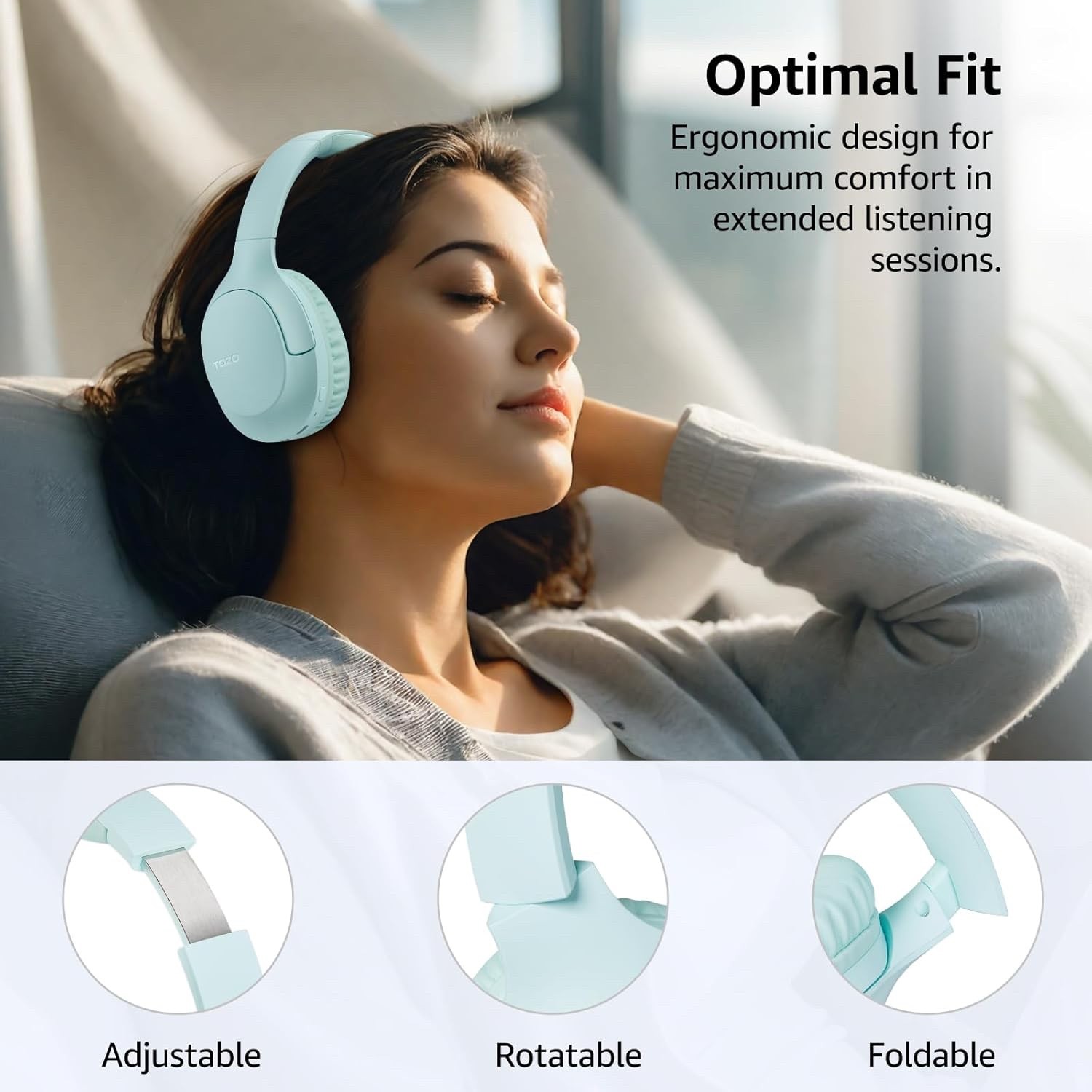 TOZO HA1 Bluetooth 5.4 Over Ear Headphones, 70H Playtime With Mic, Foldable Wire