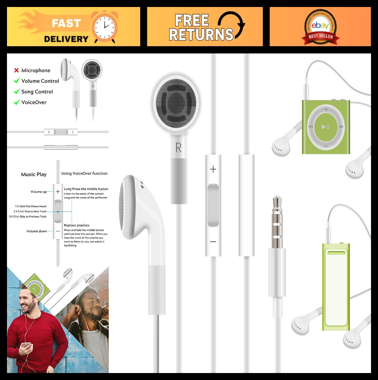 3.5mm Earbuds Headphones with Remote Control for iPod Shuffle & Touch – White