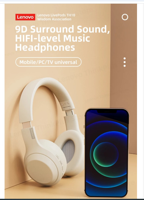 BLACK Lenovo ThinkPlus TH10 Wireless Headphones Bluetooth 5.0 40mm AUX Mic