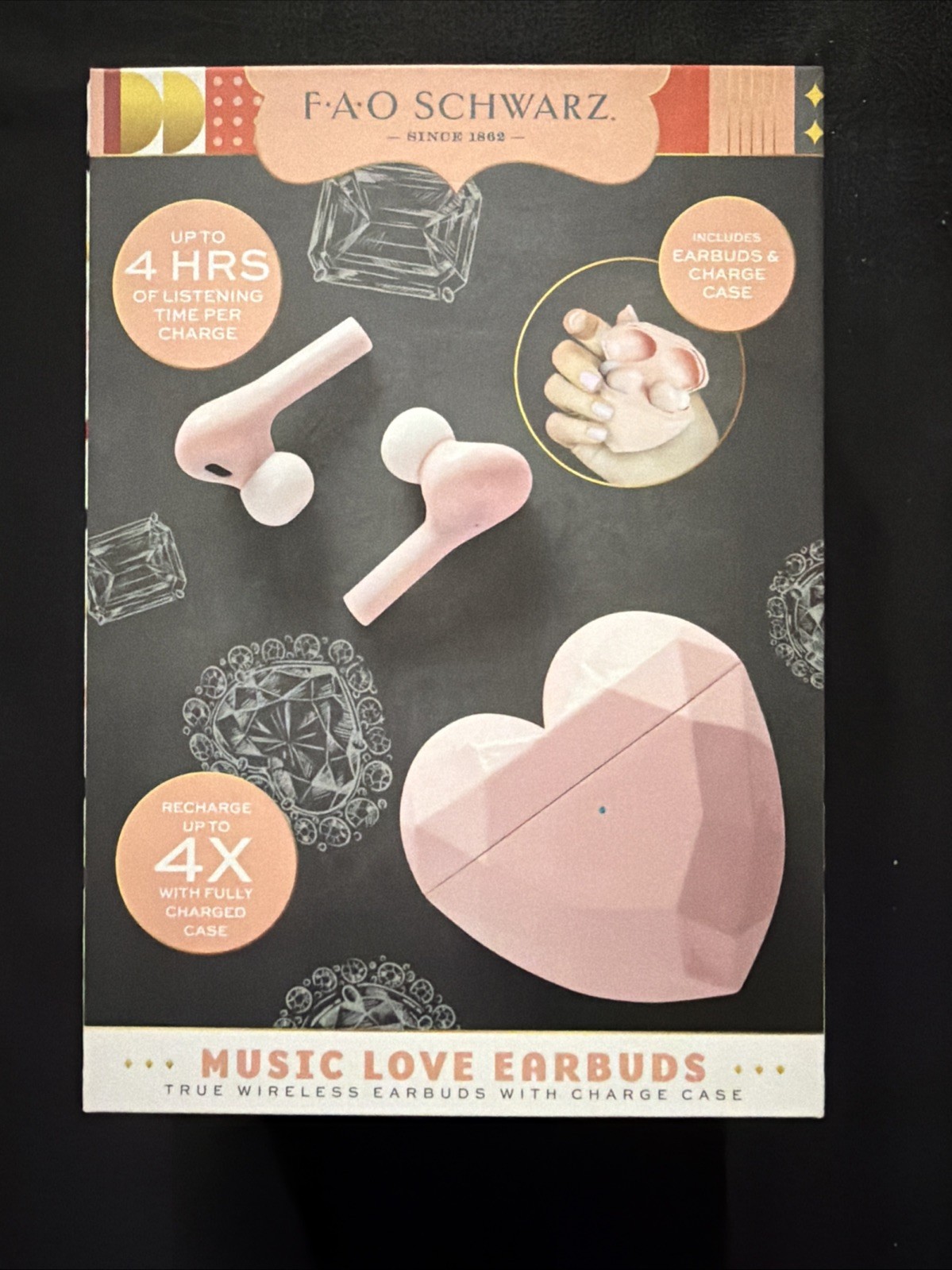 FAO Schwarz Music Love Pink, Wireless Earbuds w/Heart Shaped Charging Case NIB?