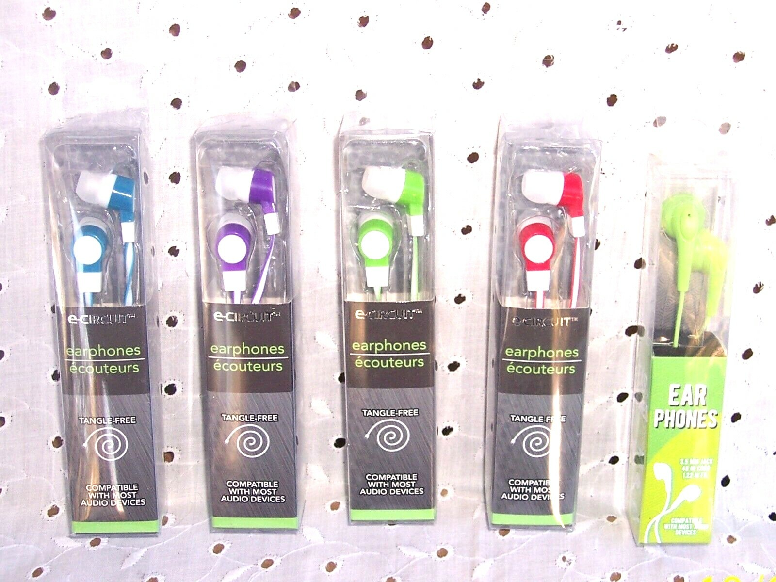 EARPHONES EAR BUDS TANGLE FREE 48″ E-CIRCUIT= BLUE-PURPLE-GREEN-RED=U CHOOSE