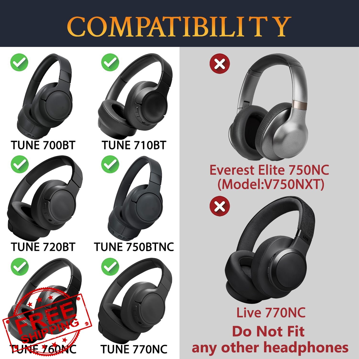 SOULWIT Black Cooling Gel Earpads for JBL Tune 700BT 760NC Headphones