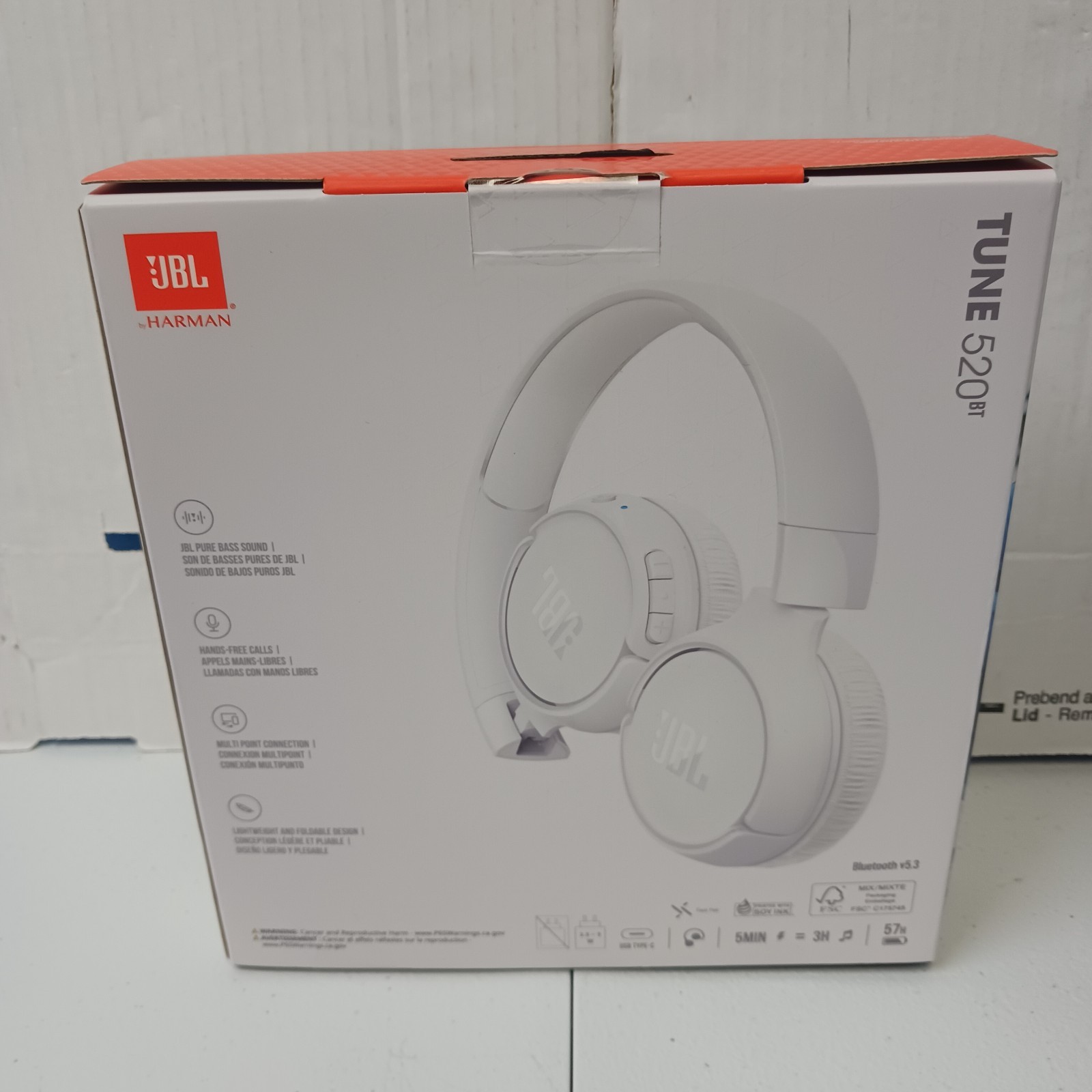 New In Box JBL Tune 520BT On-Ear Wireless Headphone White Up to 57H Battery Life
