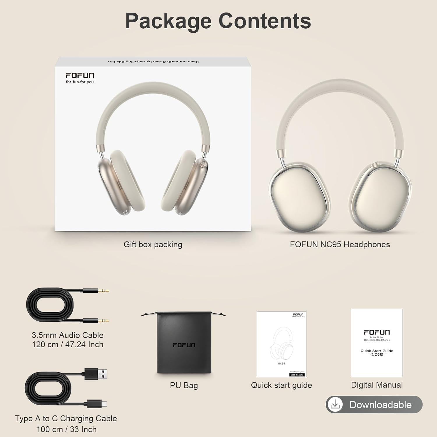 NC95 Hybrid Active Noise Cancelling Headphones with Knob Control, 120H Playtime
