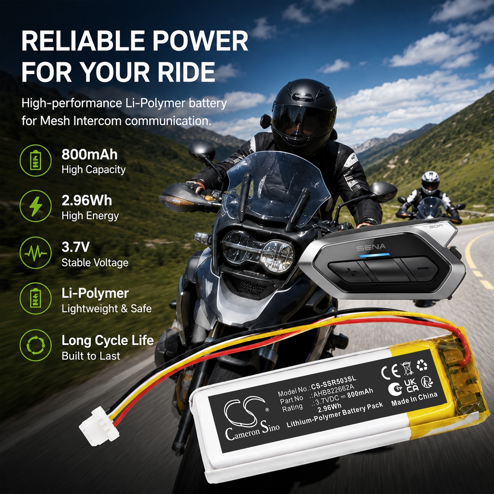 BATTERIE 800mAh Type AHB822662A For Sena 50R 3-Button Spider RT1
